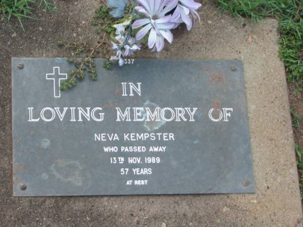 Neva KEMPSTER,  | died 13 Nov 1989 aged 57 years;  | Lawnton cemetery, Pine Rivers Shire  | 