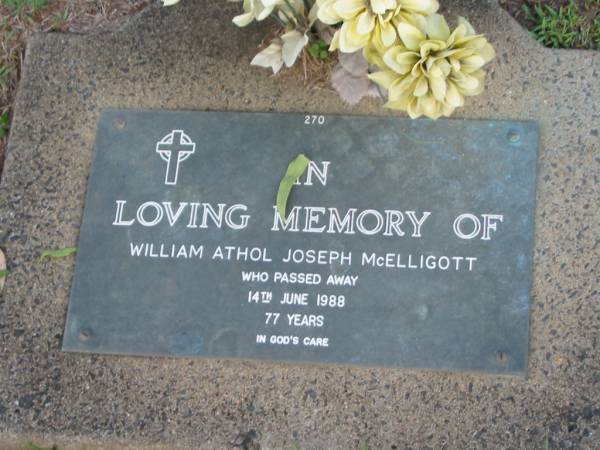 William Athol Joseph MCELLIGOTT,  | died 14 June 1988 aged 77 years;  | Lawnton cemetery, Pine Rivers Shire  | 