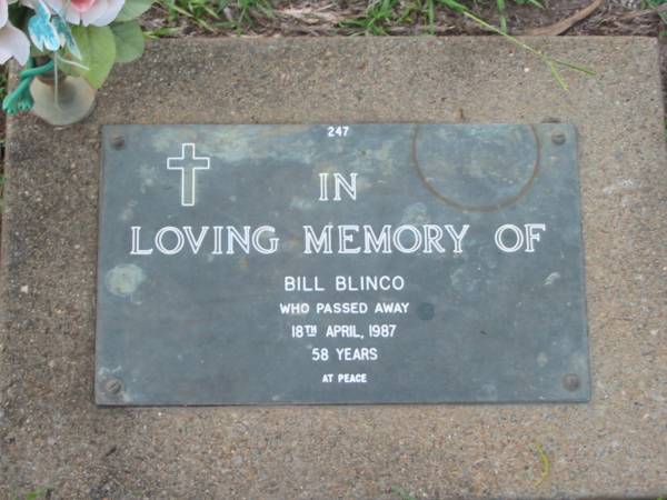 Bill BLINCO,  | died 18 April 1987 aged 58 years;  | Lawnton cemetery, Pine Rivers Shire  | 