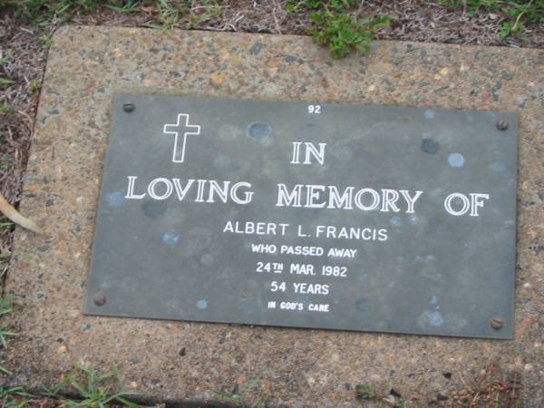 Albert L. FRANCIS,  | died 24 Mar 1982 aged 54 years;  | Lawnton cemetery, Pine Rivers Shire  | 