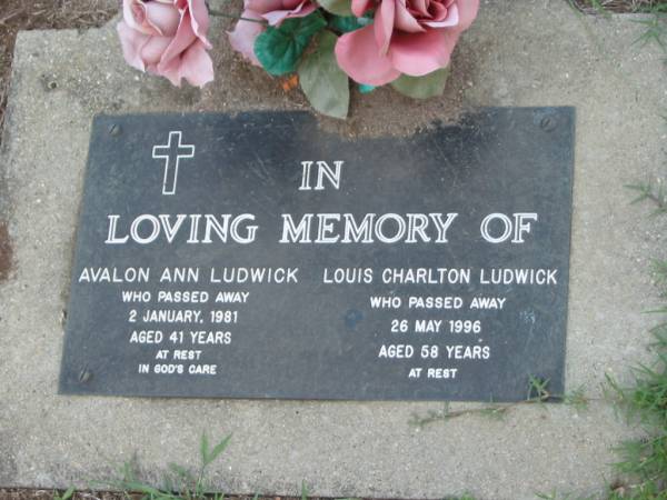 Avalon Ann LUDWICK,  | died 2 Jan 1981 aged 41 years;  | Louis Charlton LUDWICK,  | died 26 May 1996 aged 58 years;  | Lawnton cemetery, Pine Rivers Shire  | 