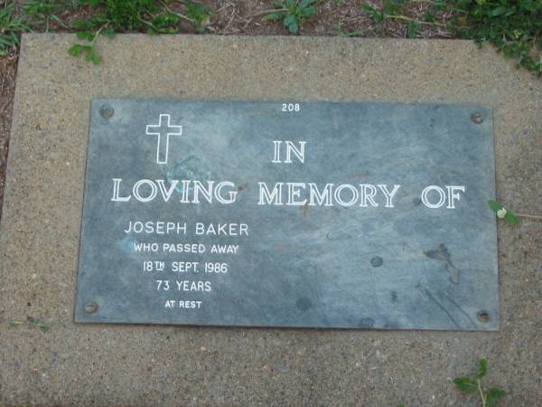 Joseph BAKER,  | died 18 Sept 1986 aged 73 years;  | Lawnton cemetery, Pine Rivers Shire  | 