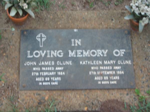 John James CLUNE,  | died 27 Feb 1984 aged 69 years;  | Kathleen Mary CLUNE,  | died 27 Sept 1994 aged 69? years;  | Lawnton cemetery, Pine Rivers Shire  | 