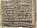 
George Edward Benjamin CROUCH,
died 15 Jan 1949 aged 59 years;
Reginald Herbert CROUCH,
died 23 Sept 1998 aged 74 years;
Lawnton cemetery, Pine Rivers Shire
