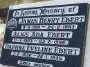 
James Henry EBERT,
9-8-1901 - 24-2-1983;
Alice Ada EBERT,
17-5-1903 - 23-2-1998;
Daphne Eveline EBERT,
7-2-1932 - 26-1-1935;
Lawnton cemetery, Pine Rivers Shire
