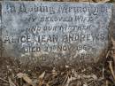 
Alice Jane ANDREWS,
wife mother,
died 2 Nov 1969 aged 48 years;
Lawnton cemetery, Pine Rivers Shire
