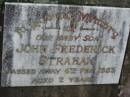 
John Frederick STRAHAN,
son,
died 6 Feb 1953 aged 2 years;
Lawnton cemetery, Pine Rivers Shire
