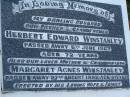 
Herbert Edward WINSTANLEY,
husband father grandfather,
died 6 June 1967 aged 72 years;
Margaret Agnes WINSTANLEY,
mother grandmother,
died 27 Aug 1982 aged 84 years;
erected by wife & family;
Lawnton cemetery, Pine Rivers Shire
