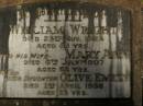 
William WRIGHT,
husband of Emily S. WRIGHT,
died 18 July 1896 in 28th year;
William WRIGHT,
died 23 Nov 1924 aged 89 years;
Mary Ann,
wife,
died 6 July 1907 aged 68 years;
Olive Emily,
daughter,
died 2 April 1956;
Lawnton cemetery, Pine Rivers Shire
