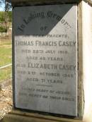 
John CASEY,
died 7 March 1894 aged 56 years;
Margaret,
wife,
died 31 March 1897 aged 60 years;
Phil ROACH,
grandson,
drowned 26 June 1893 aged 2 years;
parents;
Thomas Francis CASEY,
died 28 July 1918 aged 48 years;
Elizabeth CASEY,
died 2 Oct 1942 aged 71 years;
Hilda, wife of J.J. CASEY,
died 11 March 1928 aged 52 years;
James John CASEY,
died 3 Dec 1937 aged 68 years;
Ann CLARKE,
mother,
died 21 April 1888 aged 48 years;
Eileen,
daughter of J.V. & J. CASEY,
died 11 Aug 1929 aged 7 years;
Jane,
wife of Philip RYAN,
died 17 April 1932 aged 58 years;
Lawnton cemetery, Pine Rivers Shire
