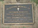 
Jai David DOWLING,
died 30-8-1986 aged 11 weeks;
Joel Stephen DOWLING,
died 26-6-1997 aged 17 years 11 months;
Lawnton cemetery, Pine Rivers Shire
