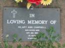 
Hilary Ann CAMPBELL,
died 10 Aug 1985 aged 45 years;
Lawnton cemetery, Pine Rivers Shire

