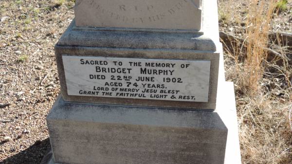Michael MURPHY  | native of Cork Ireland  | d: 7 Jan 1888 aged 53  | Husband of Bridget MURPHY  |   | Bridget MURPHY  | d: 22 Jun 1902 aged 74  |   | Julia MEARA  | b: 1855  | buried 1878  | daughter of Bridget and Michael MURPHY  | mother of Julia Winifred MEARA  | granddaughter Julia (Sheila) HEGARTY  |   | Leyburn Cemetery  |   | 