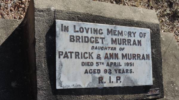 Bridget MURRAN  | d: 5 Apr 1951 aged 92  | daughter of Patrick and Ann MURRAN  |   | Leyburn Cemetery  |   | 