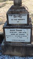 
Alice FOGARTY
d: 18 Jun 1931 aged 87

Michael FOGARTY
d: 14 May 1914 aged 79

Leyburn Cemetery

