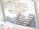 
Gottlieb E. GOSCHNICK, husband father,
died 28 June 1973 aged 71 years;
Augusta GOSCHNICK, mother grandmother,
died 10 Aug 1997 aged 94 years 7 months;
Lockrose Green Pastures Lutheran Cemetery, Laidley Shire
