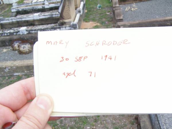 Mary SCHRODER,  | died 30 Sept 1941 aged 71 years;  | Lockrose Green Pastures Lutheran Cemetery, Laidley Shire  | 