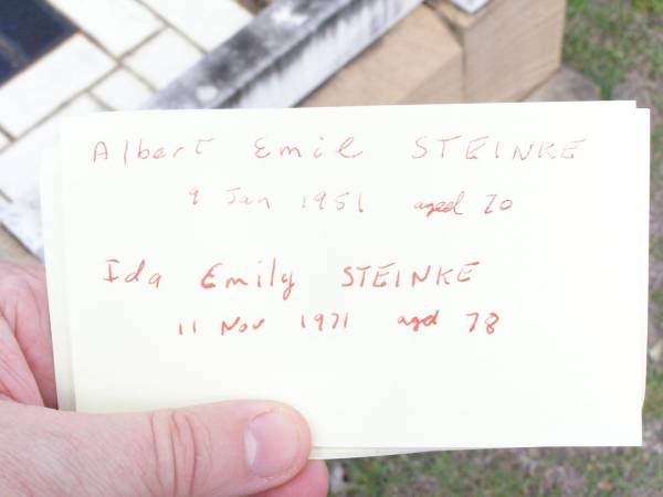 Ida Emily STEINKE, mother grandmother,  | died 11 Nov 1971 aged 78 years;  | Albert Emil STEINKE, husband father grandfather,  | died 9 Jan 1951 aged 70 years;  | Lockrose Green Pastures Lutheran Cemetery, Laidley Shire  | 