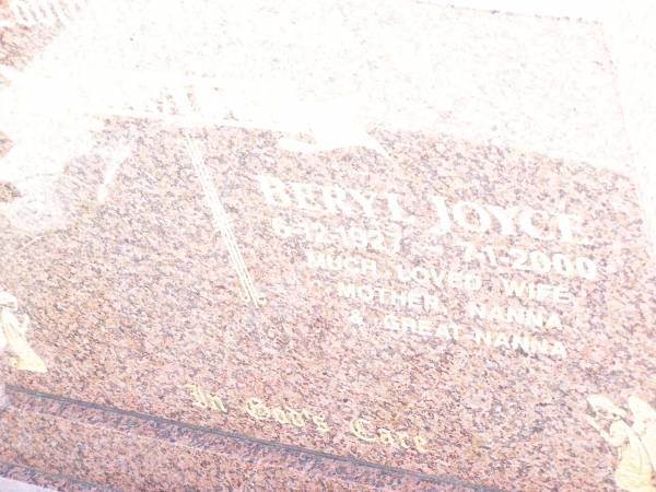 Beryl Joyce KIMLIN,  | wife mother nanna great-nanna,  | 6-12-1927 - 7-1-2000;  | Lockrose Green Pastures Lutheran Cemetery, Laidley Shire  | 