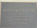 
Justus Lyn F. KUHL died 20 Sept 97, husband of Estelle,
Logan Village Cemetery, Beaudesert
