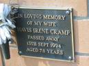 
wife Mavis Irene CRAMP died 13 Sept 1994 aged 78 years;
Logan Village Cemetery, Beaudesert
