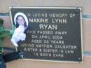 
Maxine Lynn RYAN,
died 5 Apri 2004 aged 33 years,
mother daughter sister siter-in-law;
Logan Village Cemetery, Beaudesert
