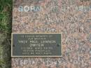 
Pauline Mary DWYER,
born 28-11-1929 died 25-4-1995,
mother of Dudley, Jill, Gail, Vicki, Sharon,
Troy & Tricia;
Troy Paul Lennon DWYER,
died 2-5-1969 aged 34 years,
brother;
Logan Village Cemetery, Beaudesert Shire
