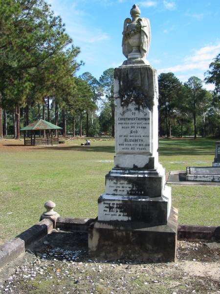 Christopher THOMPSON died 29 Oct 1904 aged 80 years;  | wife Elizabeth died 11 Sept 1912 aged 82 years;  | Logan Village Cemetery, Beaudesert  | 