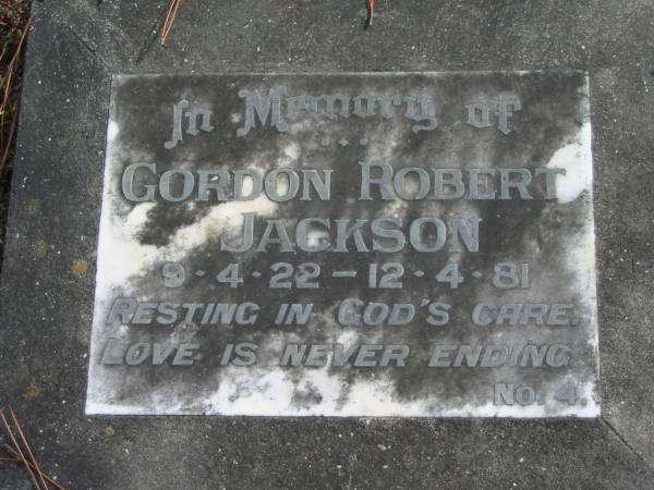 Gordon Robert JACKSON 9-4-22 - 12-4-81;  | Logan Village Cemetery, Beaudesert  | 