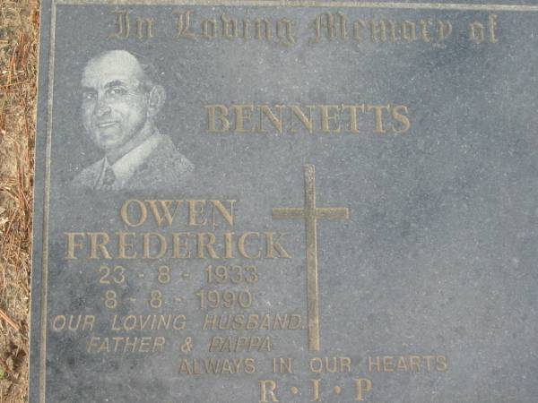 BENNETTS;  | Owen Frederick 23-8-1933 - 8-8-1990, husband father pappa;  | Logan Village Cemetery, Beaudesert Shire  | 