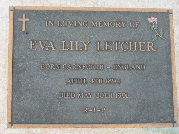 Eva Lily LETCHER,  | born Carnforth England 4 Apr 1894 died 20 May 1991;  | Logan Village Cemetery, Beaudesert Shire  | 