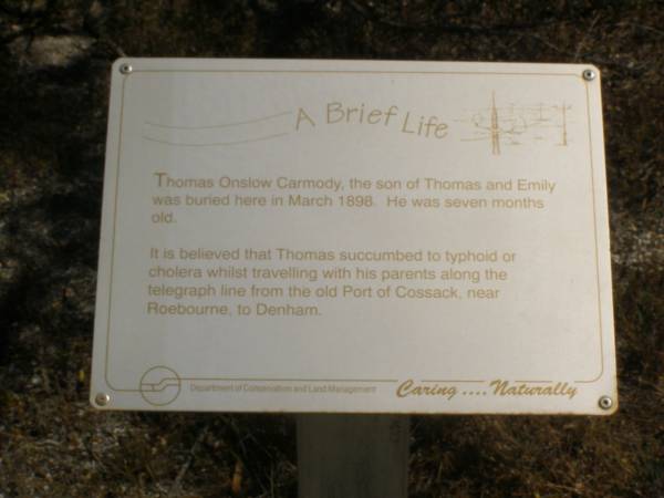 Thomas Onslow Carmody,  | d Mar 1898 aged 7 months  | Son of Thomas and Emily.  | It is believed that Thomas succumbed to typhoid or cholera whilst travelling with his parents along the telegraph line from the old Port of Cossack near Roebourne to Denham.  | Hamelin Pool cemetery WA.  | 