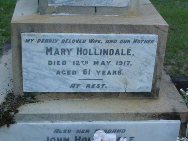 Mary HOLLINDALE,  | died 12 May 1917 aged 61 years;  | John HOLLINDALE,  | died 27 aug 1926 aged 75 years;  | Rex BIGNELL,  | grandson,  | died 28 Aug 1928 aged 4 years;  | Lower Coomera cemetery, Gold Coast  | 