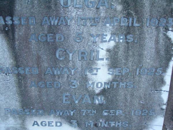 Olga,  | died 17 April 1923 aged 5 years;  | Cyril,  | died 1 Sept 1925 aged 3 months;  | Evan,  | died 7 Sept 1925 aged 3 months;  | children of Oliver T. & Annie HARDGRAVES;  | Oliver Thomas HARDGRAVES,  | 9-1-1894 - 6-4-1974;  | Annie Mary HARDGRAVES,  | 2-3-1897 - 4-10-1980;  | Lower Coomera cemetery, Gold Coast  | 
