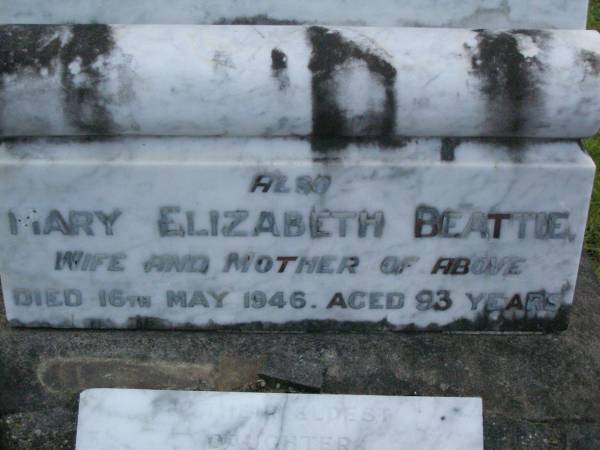 John BEATTIE,  | born Co Tyrone Ireland 1838,  | died Coomera 9 July 1923 aged 85 years;  | George BEATTIE,  | son,  | killed in action Albert France  | 28 March 1918 aged 29 years;  | Edwin BEATTIE,  | son,  | died Codford England 1 Jan 1917 aged 22 years;  | Mary Elizabeth BEATTIE,  | wife mother,  | died 16 May 1946 aged 93 years;  | Eliza Jane BEATTIE,  | eldest daughter,  | died 4-2-1969 aged 96 years;  | Lower Coomera cemetery, Gold Coast  | 