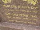 
Marlene Elesia DAY,
11 July 1934 - 17 Nov 1997;
William Edwin DAY,
12 July 1922 - 1 Sept 1997;
Lower Coomera cemetery, Gold Coast
