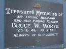 
Bruce W. WORTH,
husband father,
25-6-46 - 10-3-88;
Lower Coomera cemetery, Gold Coast

