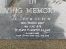 
Eileen W. STEBRIN,
died 19 June 1976 aged 62 years 10 months 24 days,
sons Neil & Don;
Lower Coomera cemetery, Gold Coast
