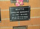 
Caroline Margaret BEATTIE,
23-4-1912 - 22-6-2002;
Lower Coomera cemetery, Gold Coast
