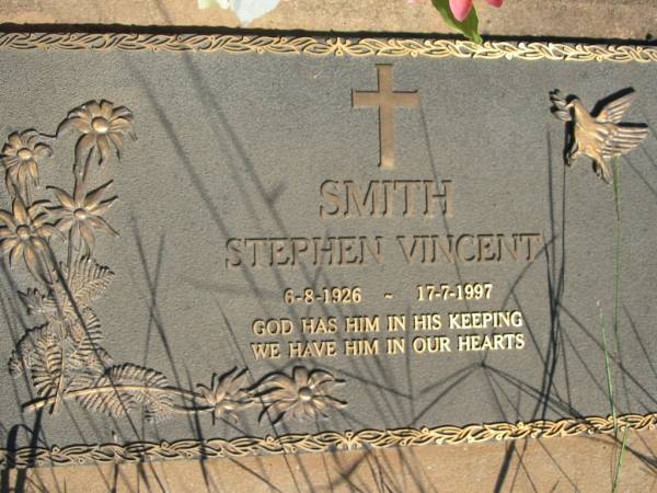 Stephen Vincent SMITH,  | 6-8-1926 - 17-7-1997;  | St Michael's Catholic Cemetery, Lowood, Esk Shire  | 