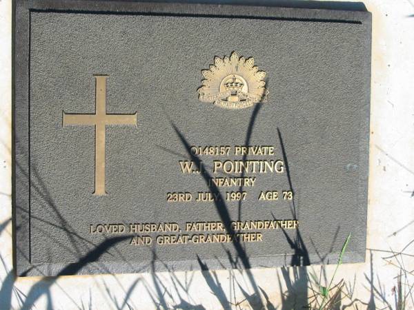 W.J. POINTING,  | 23 July 1997 aged 73,  | husband father grandfather great-grandfather;  | St Michael's Catholic Cemetery, Lowood, Esk Shire  |   | research contact: Peter Lowe  | Walter James was grandson of James & Maria POINTING, buried in Lowood General Cemetery.Details of his family are under POINTING families from  | Somerset:  | <a href= http://freepages.genealogy.rootsweb.ancestry.com/~pnlowe/pointing_home.htm >http://freepages.genealogy.rootsweb.ancestry.com/~pnlowe/pointing_home.htm</a>  |   | 