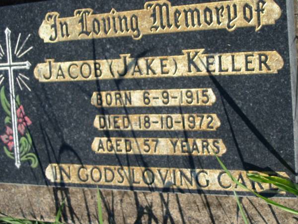 Jacob (Jake) KELLER,  | born 6-9-1915 died 18-10-1972 aged 57 years;  | St Michael's Catholic Cemetery, Lowood, Esk Shire  | 