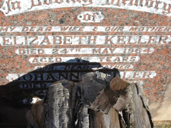 Elizabeth KELLER, wife mother,  | died 24 May 1964 aged 72 years;  | Johann KELLER, father,  | died 28 April 1966 aged 82 years;  | St Michael's Catholic Cemetery, Lowood, Esk Shire  | 