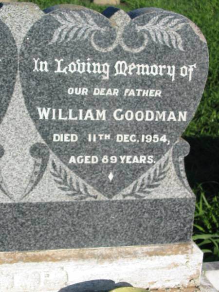 Hilda GOODMAN, wife mother,  | died 7 Jan 1943 aged 67 years;  | William GOODMAN, father,  | died 11 Dec 1954 aged 89 years;  | St Michael's Catholic Cemetery, Lowood, Esk Shire  | 