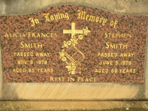 Alicia Frances SMITH,  | died 9 Nov 1979 aged 85 years;  | Stephen SMITH,  | died 5 June 1979 aged 86 years;  | St Michael's Catholic Cemetery, Lowood, Esk Shire  | 