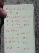 
Marie Emilie (LINKE)
(wife of Heinrich LINKE)
b: 11 Jul 1846 d: 4 Jun 1897

Heinrich LINKIE
b: 5 Oct 1830? d? ? May 1905  aged 7? years

Lowood General Cemetery

