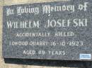 
Wilhelm JOSEFSKI
accidentally killed Lowood quarry 16 Oct 1923, aged 49
Lowood General Cemetery


