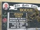 
Joseph Tony HOUGH
(husband of Betty, father of Versary, Shirley)
d: 16 Sep 1996, aged 76
Lowood General Cemetery

