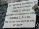 
Annie E ALLEN
12 Sep 1947, aged 81
Alfred G ALLEN
26 Jul 1954, aged 88
Lowood General Cemetery

