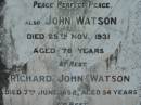 
Eliza WATSON
3 Feb 1923, aged 62
John WATSON
25 Nov 1931, aged 78
Richard John Watson
7 Jun 1952, aged 54
(grandson) Roderick John MacDONALD
26 Apr 1912 aged 2 months
Gwendolin Jane WATSON
16 Sep 1961, aged 78
Lowood General Cemetery

